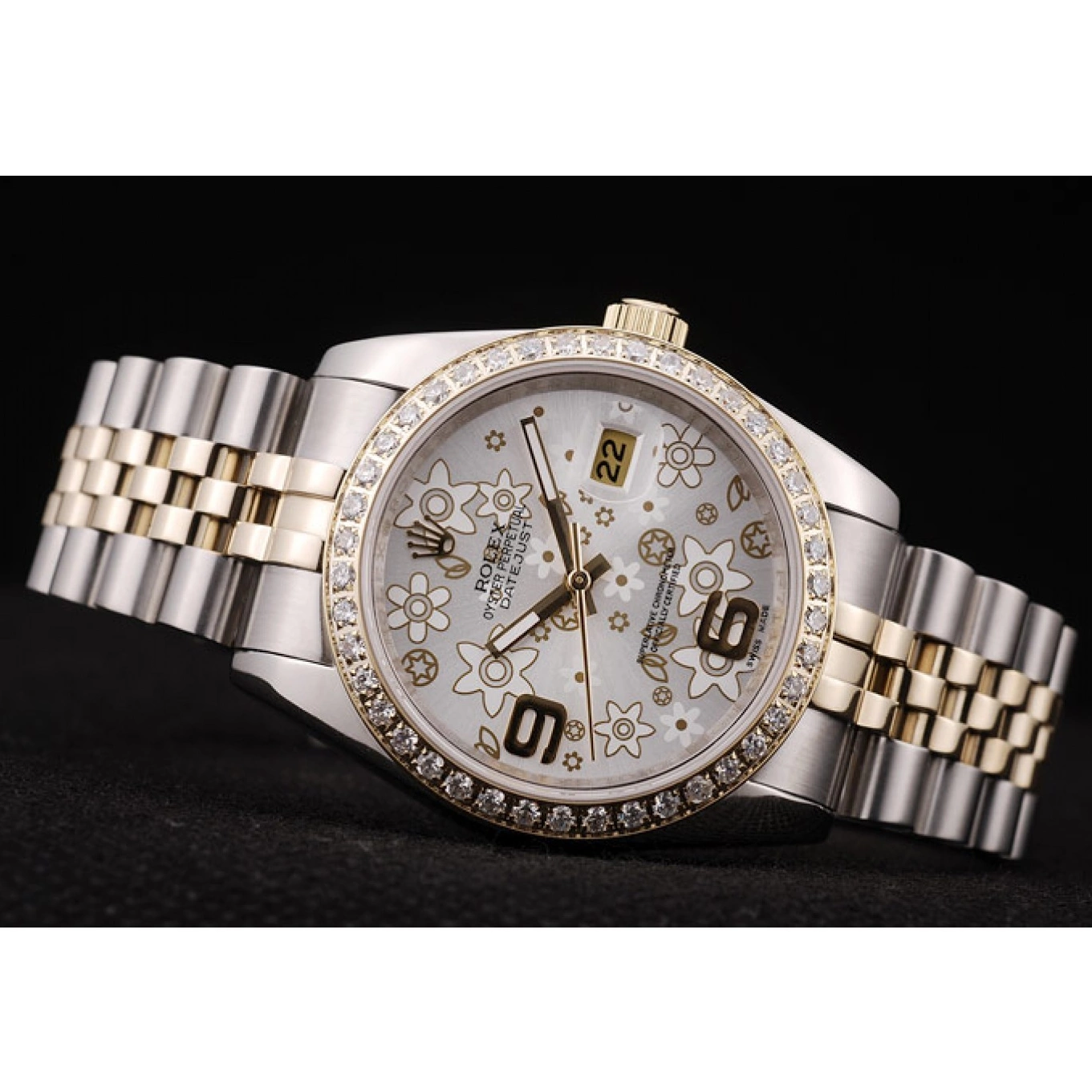 Good copy rolex watches Dial Steel Stainless Silver Plated Brushed Rolex Case Diamonds DateJust Flowers 0703